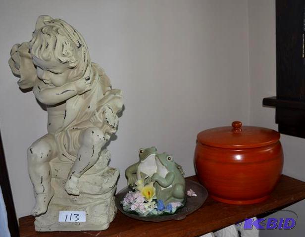 lot 113 image: Music box frog Large red covered po...