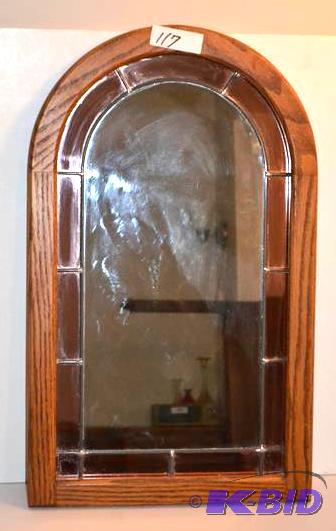 lot 117 image: Oak frame mirror with stain glass e...