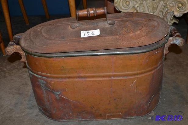 lot 156 image: Antique copper boiler with wood han...