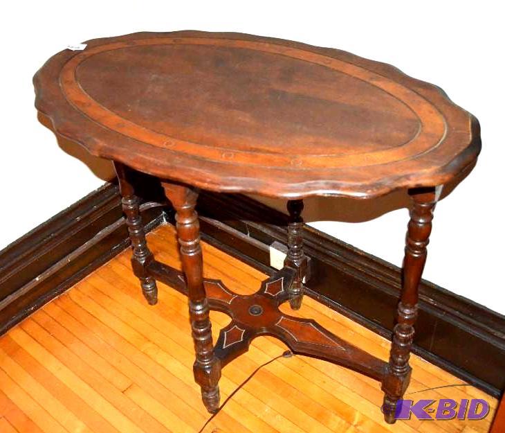 lot 28 image: Vintage wood table with unique desi...