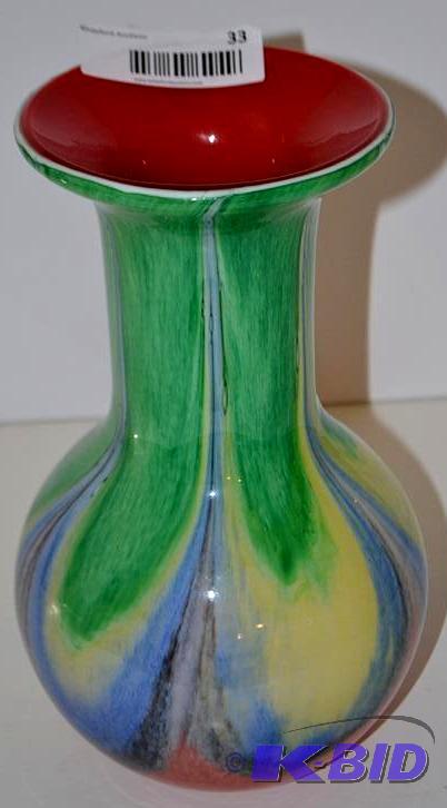 lot 33 image: Colorful swirl Blown glass vase 11x...