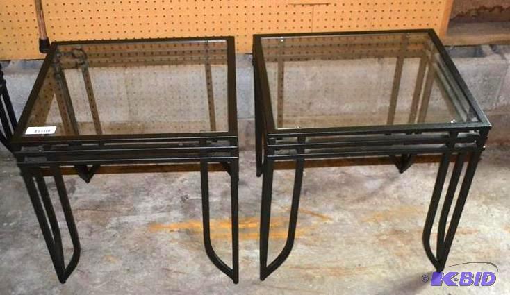 lot 52 image: Glass top end tables with black met...