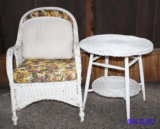 lot 55 image: Vintage wicker chair with table 25&...