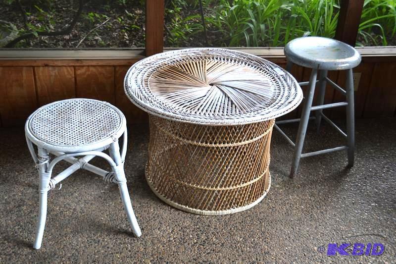 lot 61 image: Two wicker tables and one wood stoo...