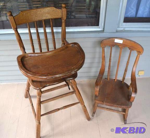 lot 68 image: Vintage wood high chair with leathe...