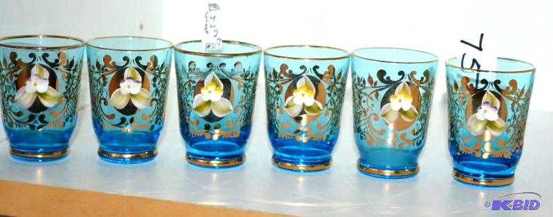 lot 75 image: Hand painted blue glass shot glasse...