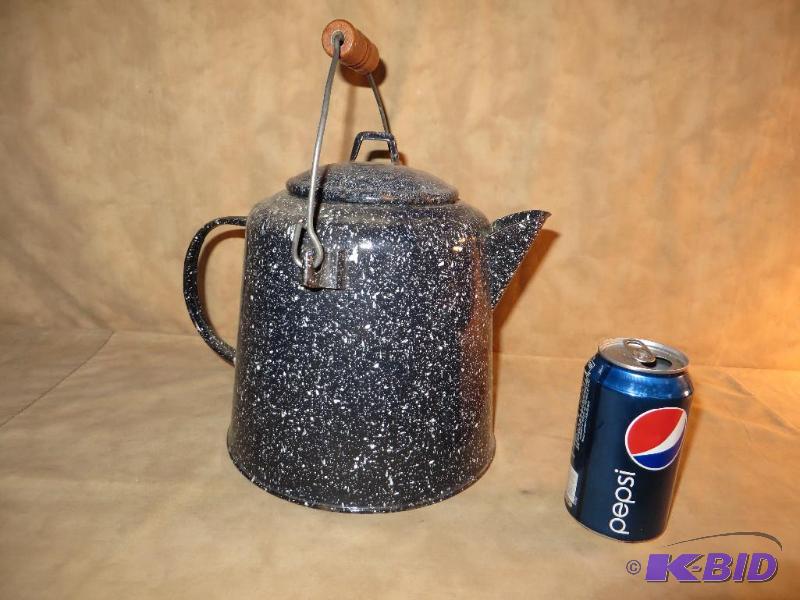 Vintage Wooden Handle Large Granite Coffee Pot