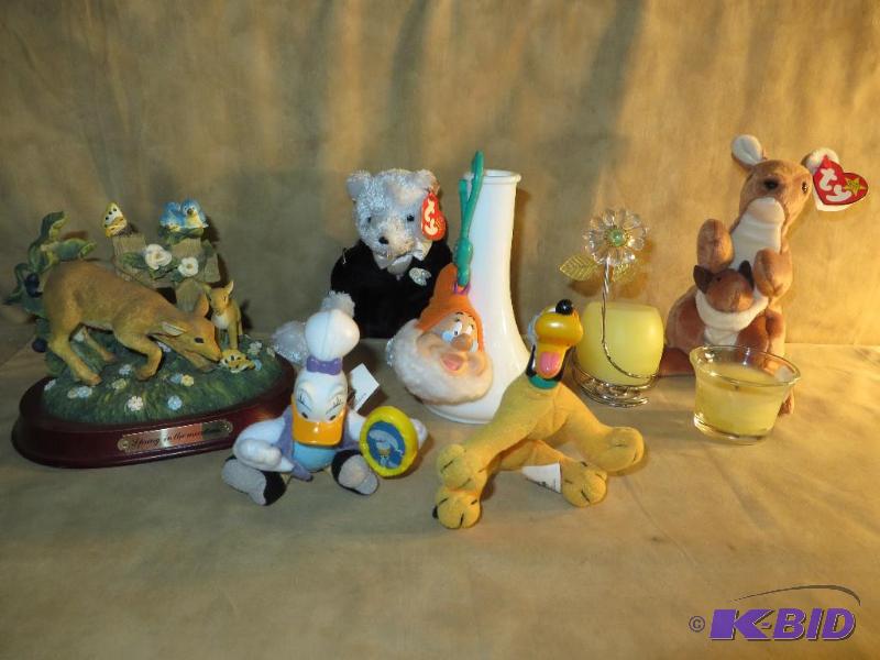 Disney Characters, Deer Sniffing Flowers, 2 Votives, 2 Beanies,  and  Bud Vase