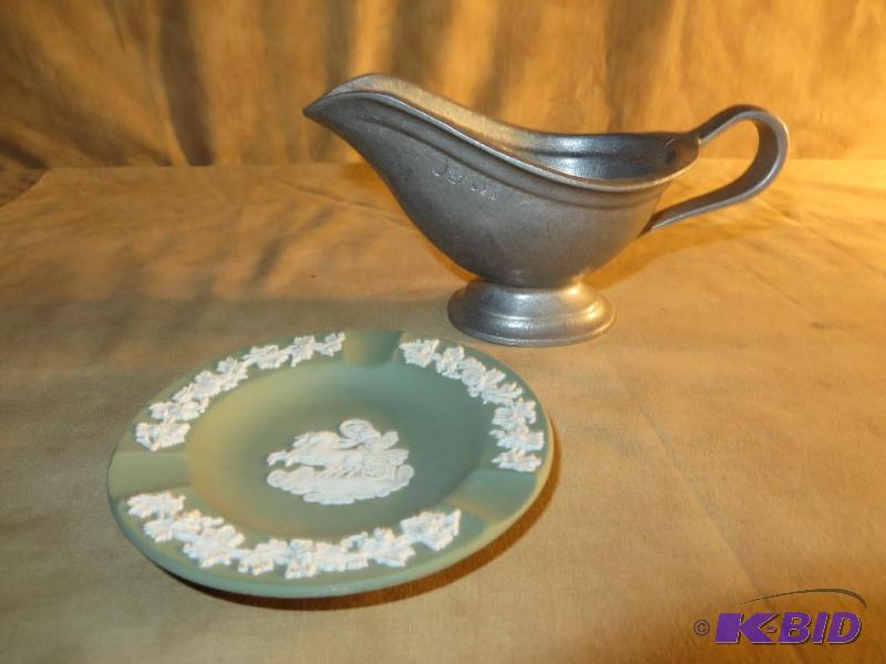 Vintage Pewter Gravy Boat,  Green Wedgwood ashtray