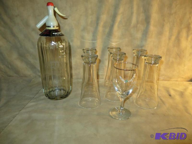 HARTRIDGES Vintage Soda Water Bottle from England, 6 Pilsner Glasses, and 1 - Irish Coffee Stemware.