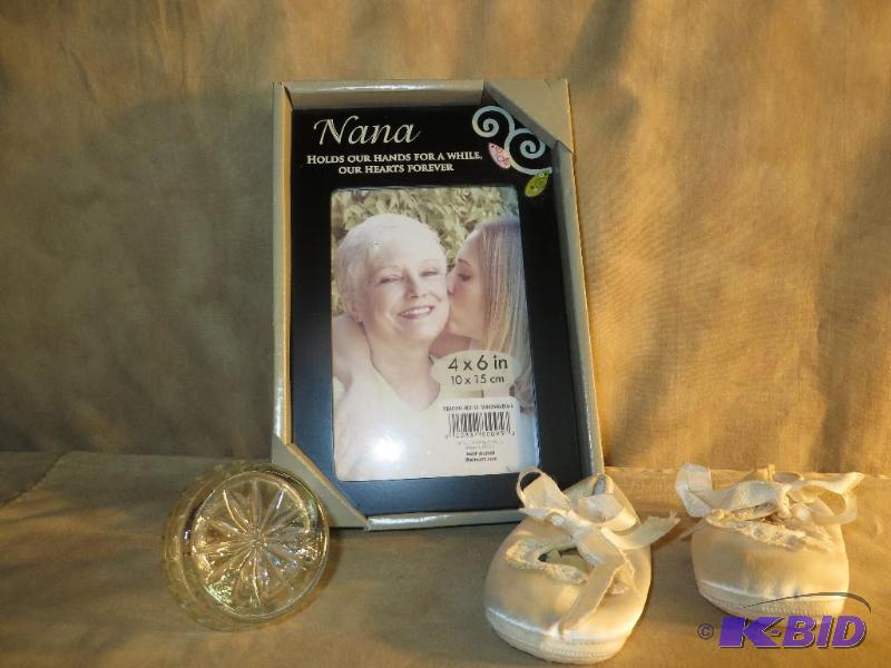 Vintage Satin Baby Shoes, Vintage Glass Door Knob and a picture frame