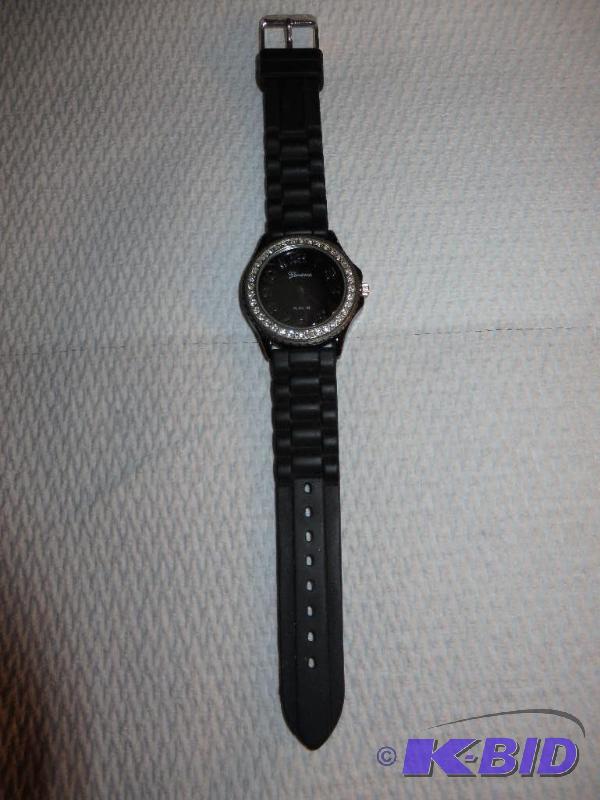 NEW - Womans Black Watch With Crystal Bezel