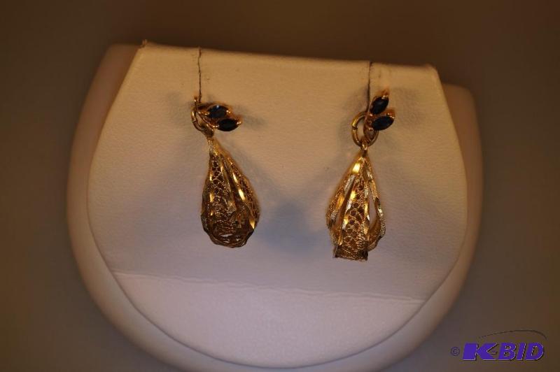14 Karat Gold Marquise Sapphire Earrings with Gold Plated Jackets