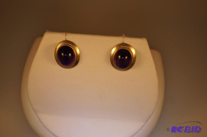 Gold Oval Purple Bezel Earrings