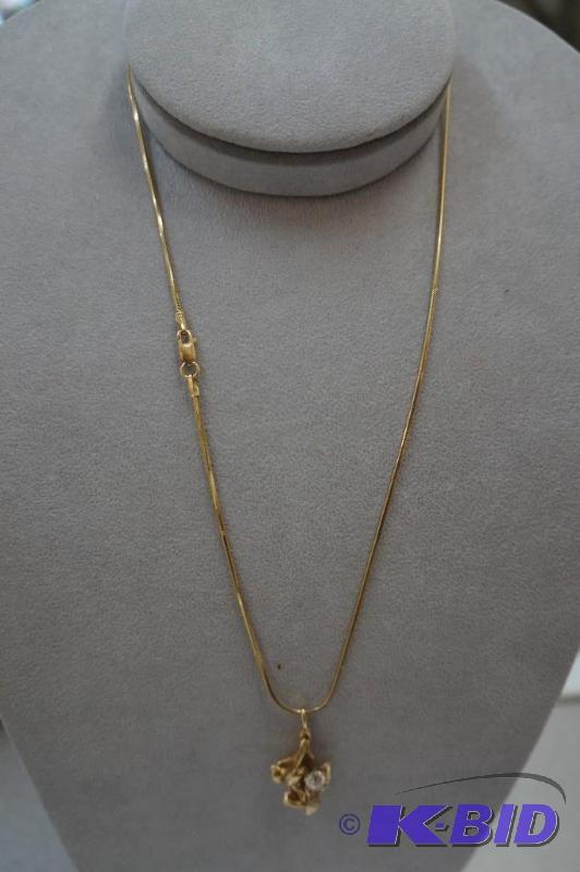 14 Karat Gold 18 Snake Chain  4.4 mm Old Mine Cut Diamond Nugget Pendant 8.3 Grams
