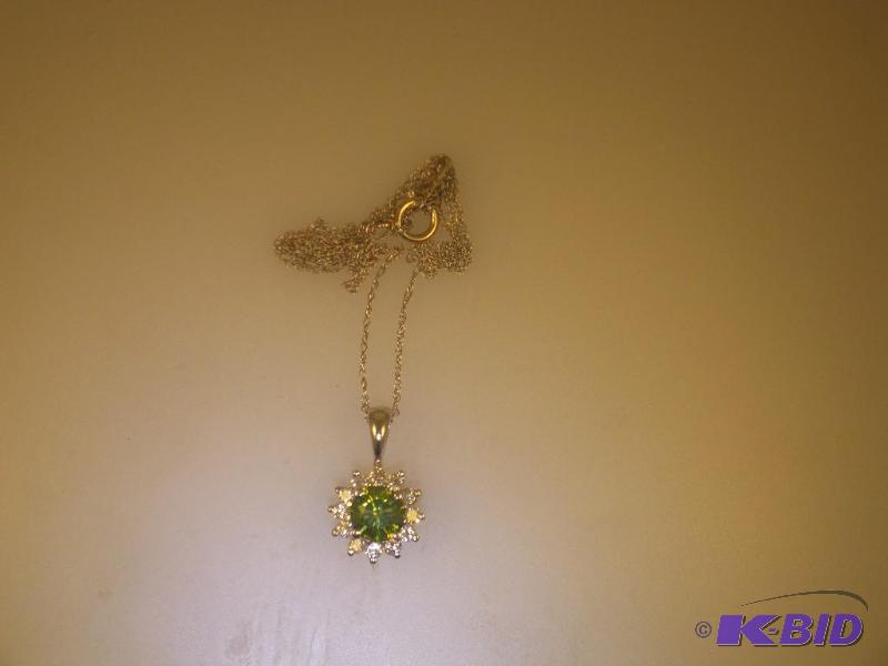 14 Karat White Gold Necklace with White & Green Diamonds