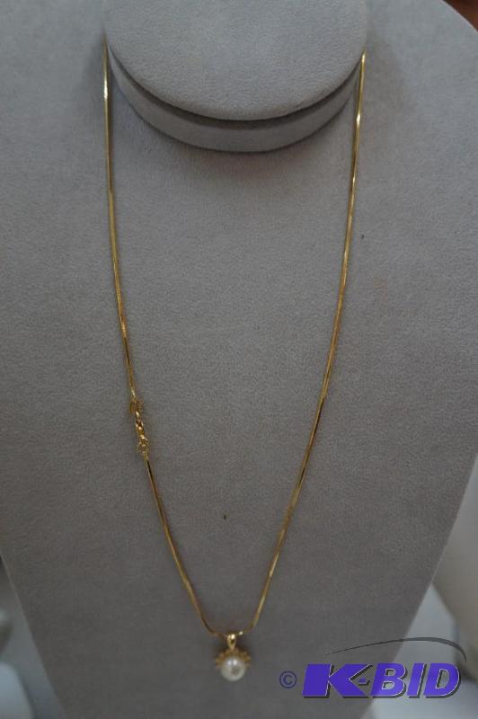 14 Karat Gold 20 Snake Chain w 7.5 mm Cultured Pearl & 12 Diamond Pendant 7.2 Grams