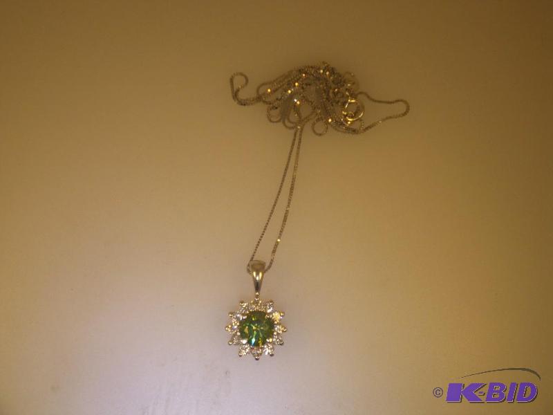 14 Karat White Gold Necklace with White & Green Diamonds