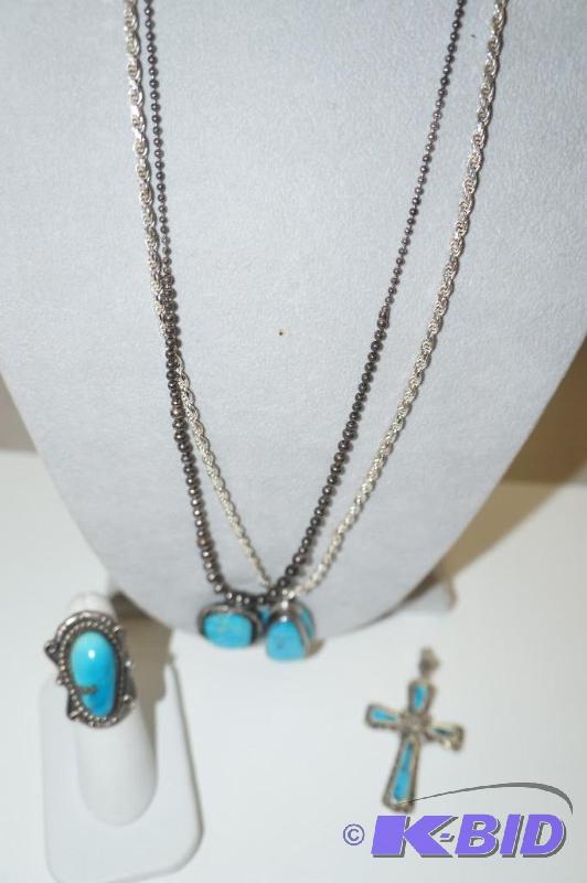 Turquoise & Sterling Silver 4 Piece Set - 2 Necklaces, 1 Pendant & 1 Ring