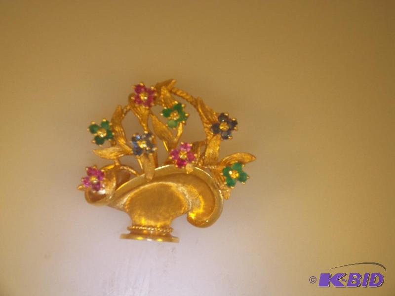 14 Karat Gold Genuine Ruby, Emerald & Sapphire Pin