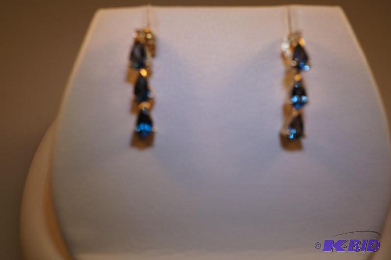 14 Karat Gold Pear Cut Blue Topaz  Diamond Earrings 1.8 Grams