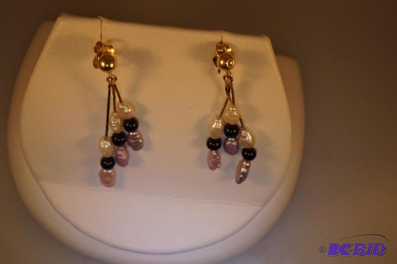 14 Karat Freshwater Pearl and Black Onyx Earrings