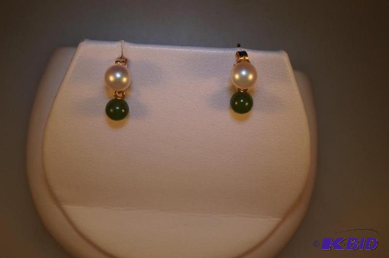 14 Karat Gold Cultured Pearl and Jade Earrings
