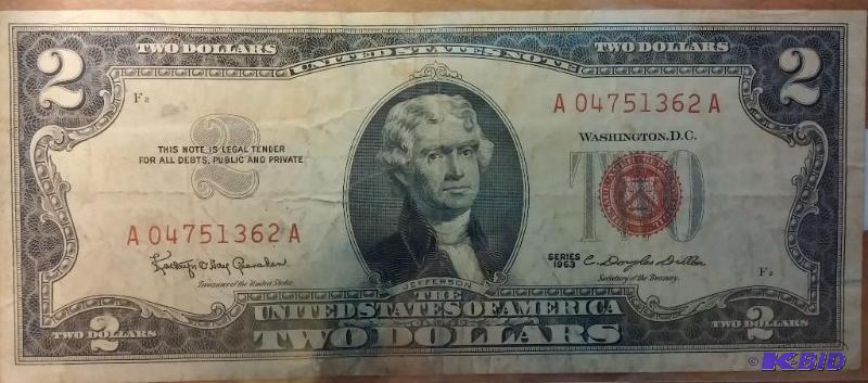 lot 120 image: 1963 US 2 DOLLAR BILL RAD SEAL...