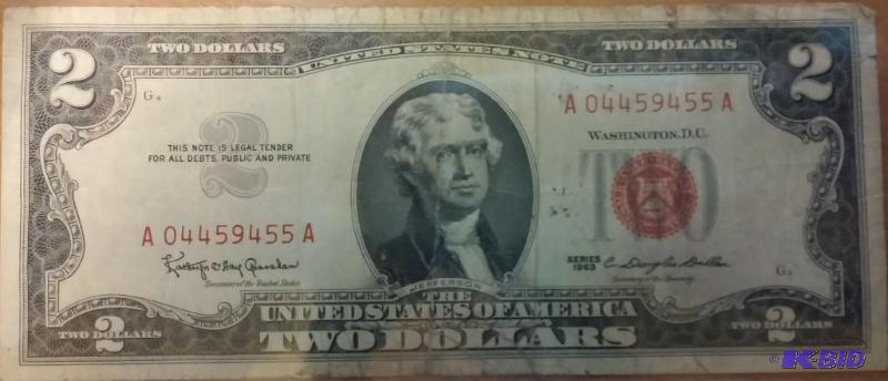 lot 121 image: 1963 US 2 DOLLAR BILL RED SEAL...