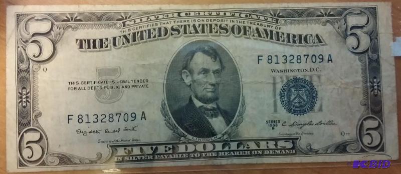 lot 123 image: 1953 US 5 DOLLAR BILL SILVER CERTIF...