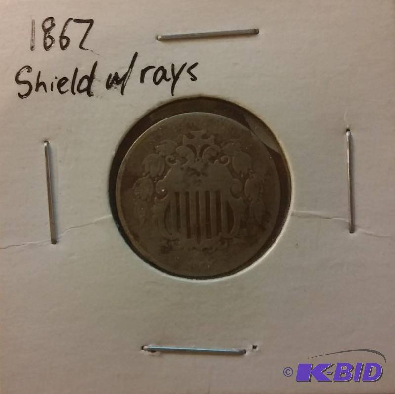 lot 15 image: 1867 SHIELD NICKEL WITH RAYS FIVE C...