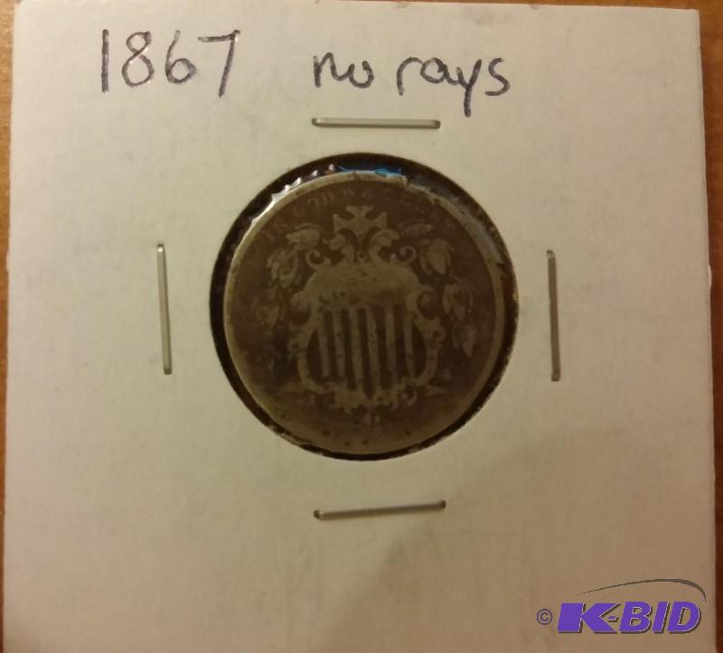 lot 16 image: 1867 SHIELD NICKEL WITH NO RAYS FIV...