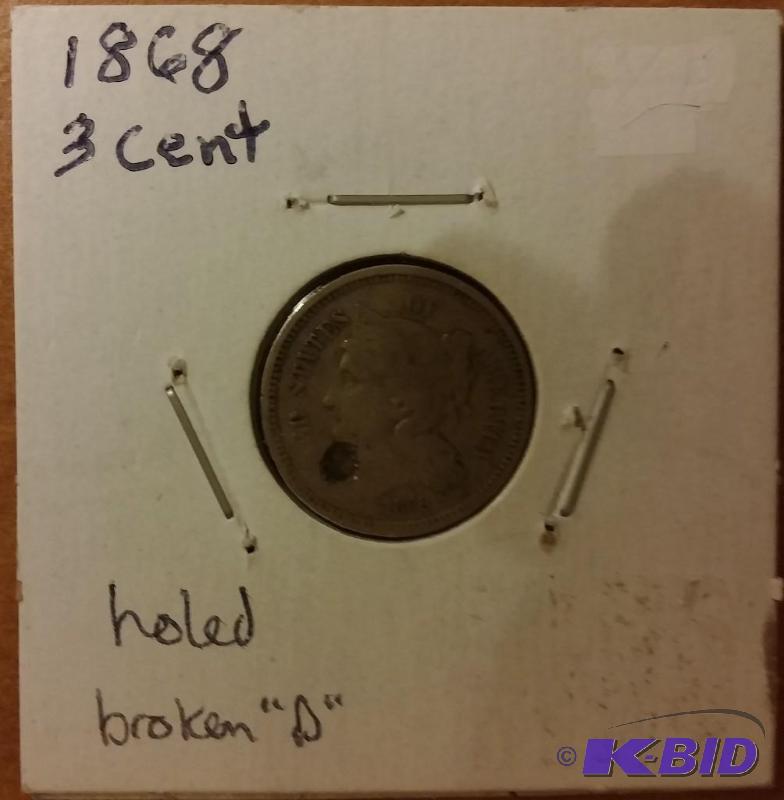 lot 69 image: 1868 3 CENT NICKEL HOLED BROKEN &qu...