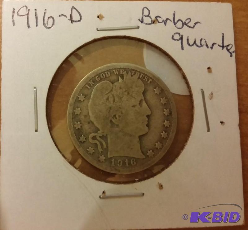 lot 8 image: 1916-D BARBER QUARTER SILVER QUARTE...