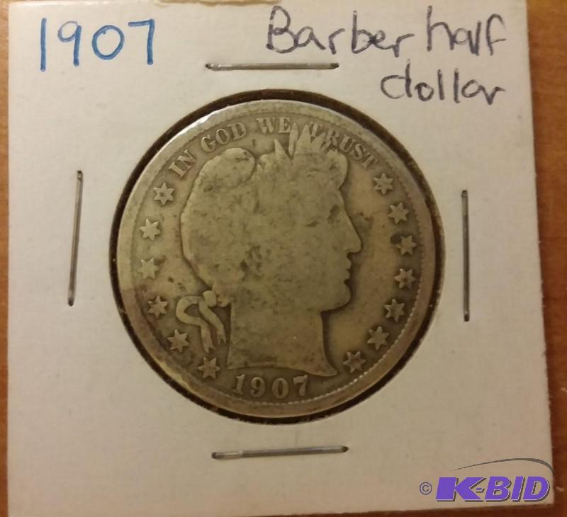 lot 9 image: 1907 BARBER HALF DOLLAR SILVER HALF...