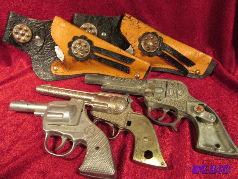 lot 53 image: Lot of 3 Vintage Cap Guns and 2 Holsters