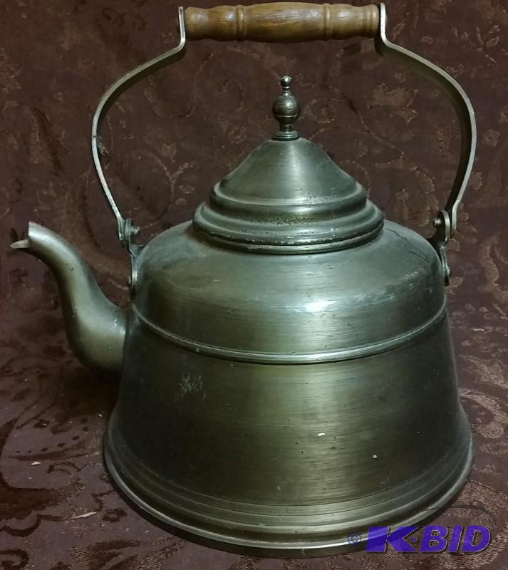 lot 89 image: Brass tea pot with wooden handle in...