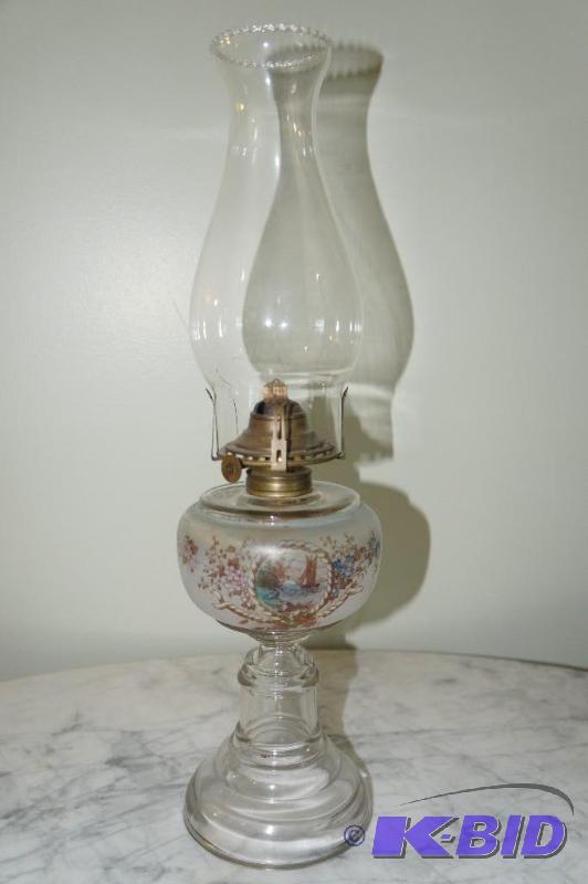 lot 265 image: Vintage Glass Oil Lamp with Ocean Scene