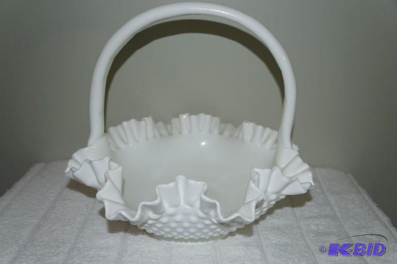 lot 113 image: Fenton Milk Glass Ruffled Edge Hobnail Basket