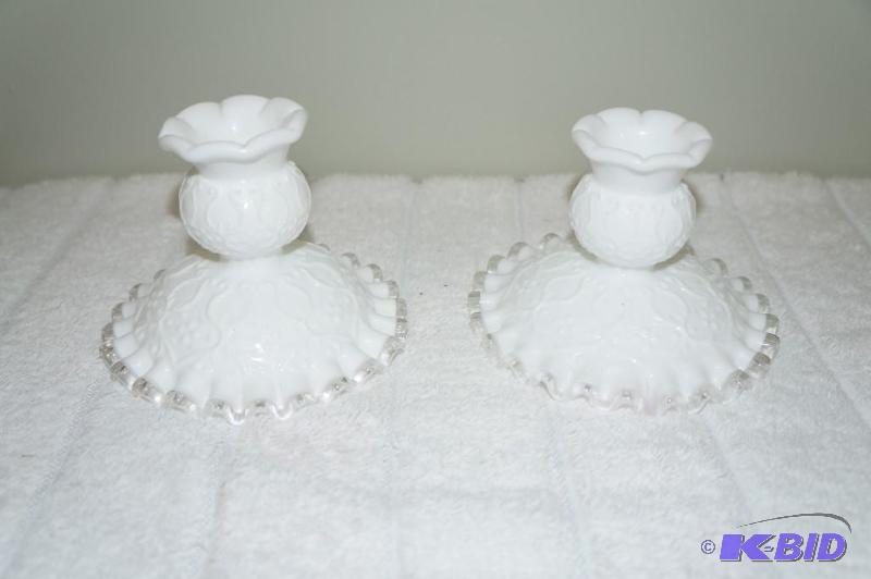 lot 114 image: Set of 2 Fenton Milk Glass Candle Holders