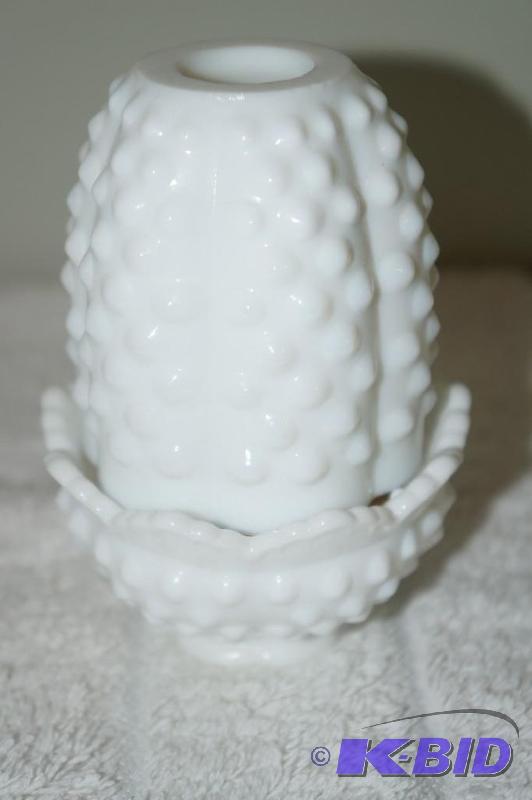 lot 116 image: Fenton 2 Piece Milk Glass Hobnail Candle Holder