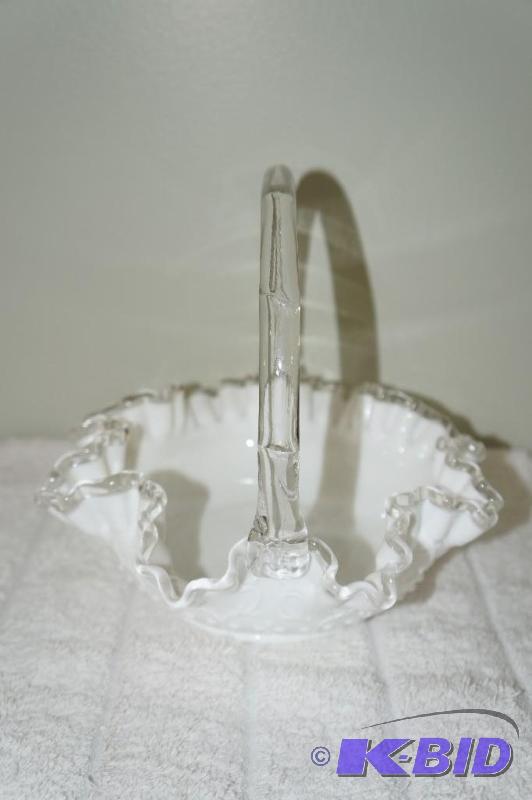 lot 121 image: Fenton Milk Glass Ruffled Edge Basket