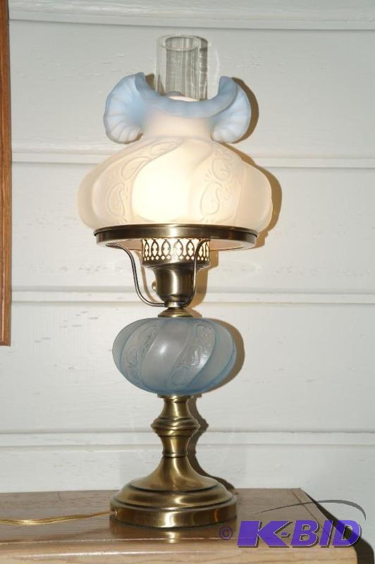 lot 13 image: Fenton Light Blue Double Globe Electric Lamp