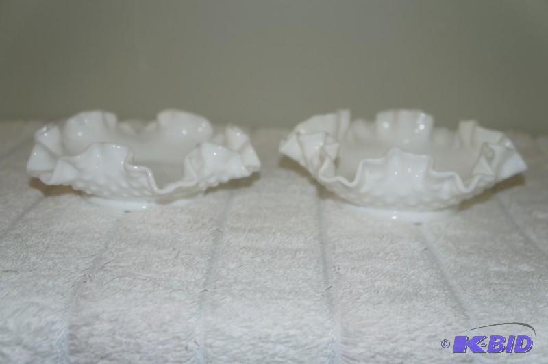 lot 130 image: Set of 2 Fenton Milk Glass Hobnail Candy Dishes