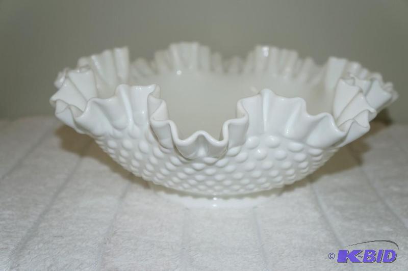 lot 131 image: Fenton Milk Glass Hobnail Ruffled Edge Footed Serving  Fruit Bowl