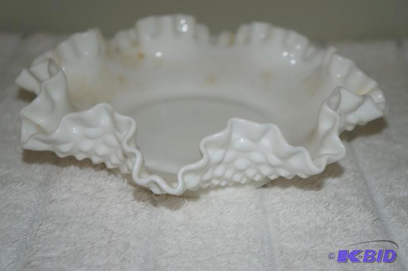 lot 132 image: Fenton Milk Glass Hobnail Footed Ruffled Edge Candy Dish