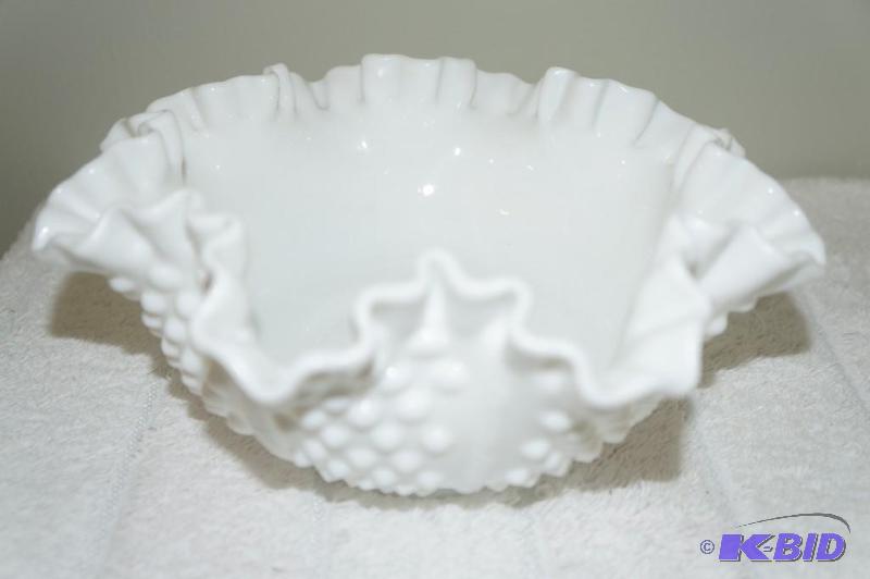 lot 133 image: Fenton Milk Glass Hobnail Ruffled Edge Footed Bowl