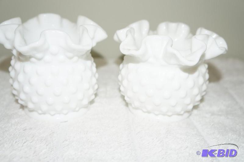 lot 136 image: Set of 2 Fenton Milk Glass Hobnail Ruffled Edge Candle Holders