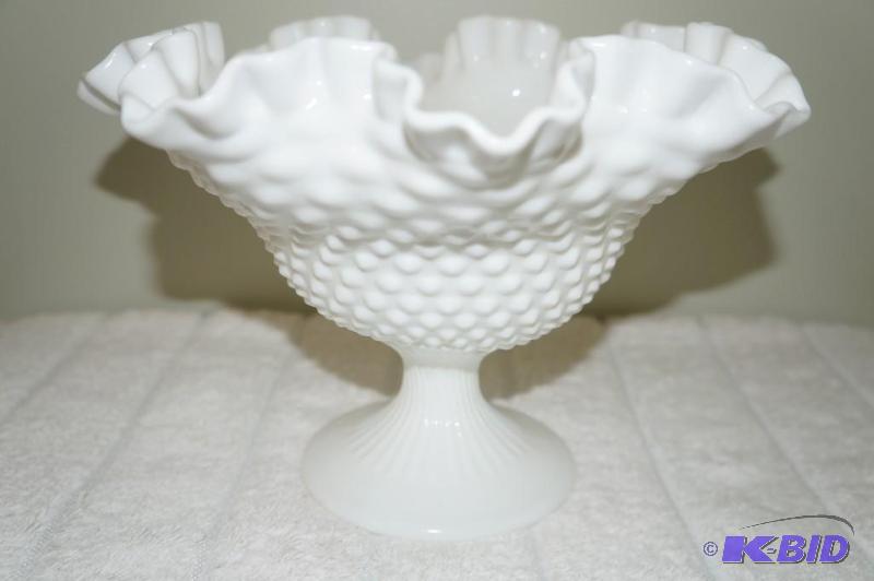 lot 138 image: Fenton Milk Glass Hobnail Ruffled Edge Footed Fruit Bowl