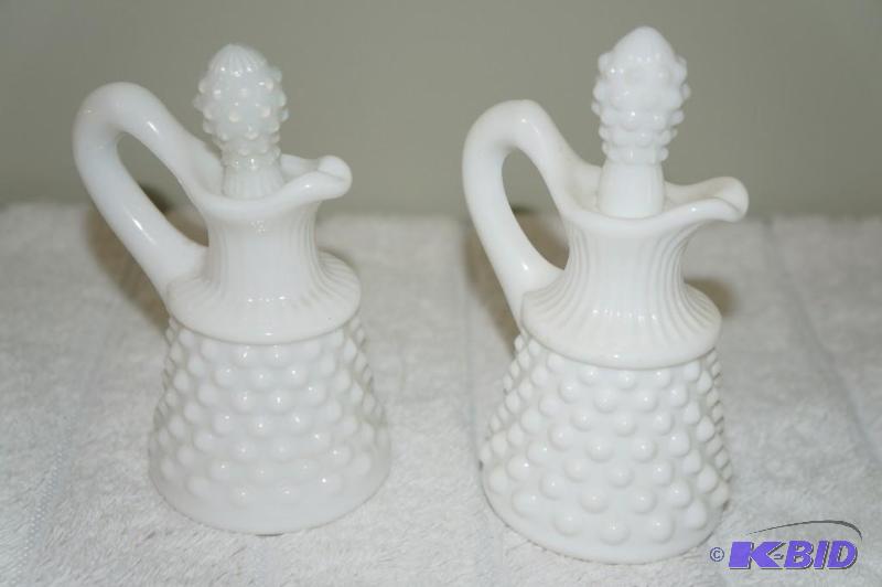 lot 143 image: Set of 2 Fenton Milk Glass Hobnail Miniature Oil Cruets